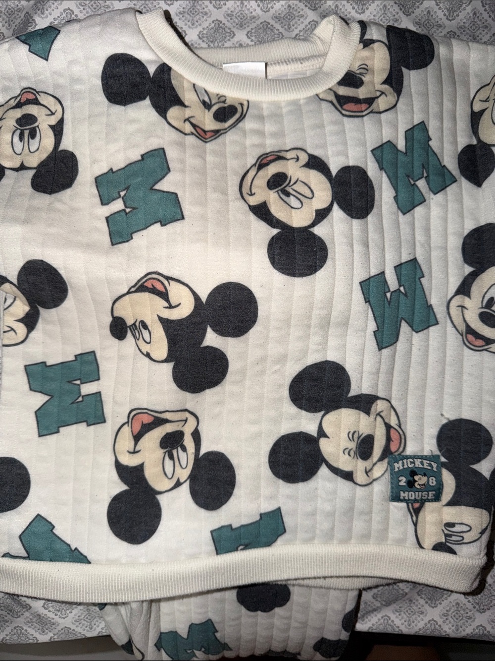 Disney Cream Quilted Top with Teal & Black Mickey Print
